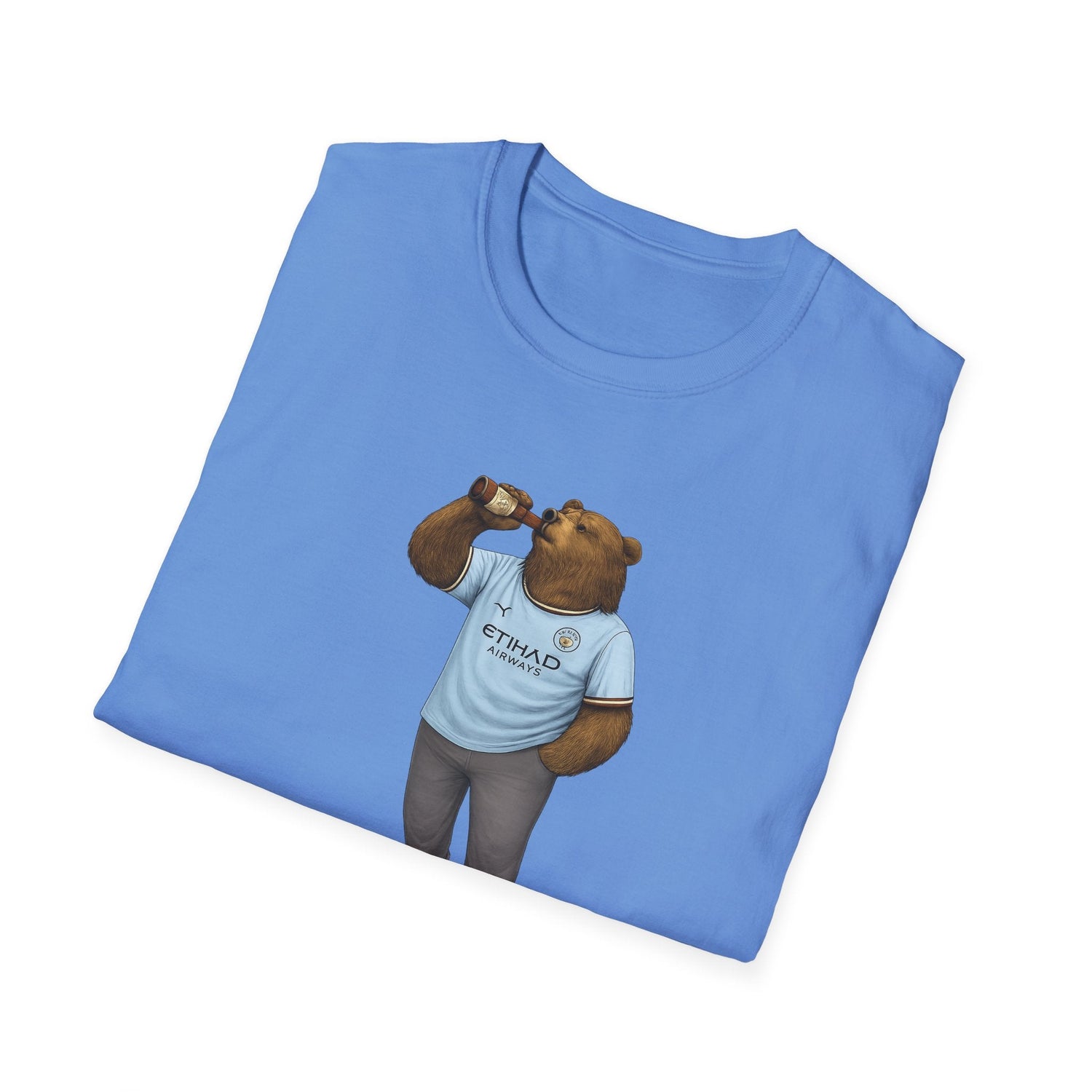 Blue T-shirt with illustration of bear wearing Manchester City football jersey drinking from a beer bottle