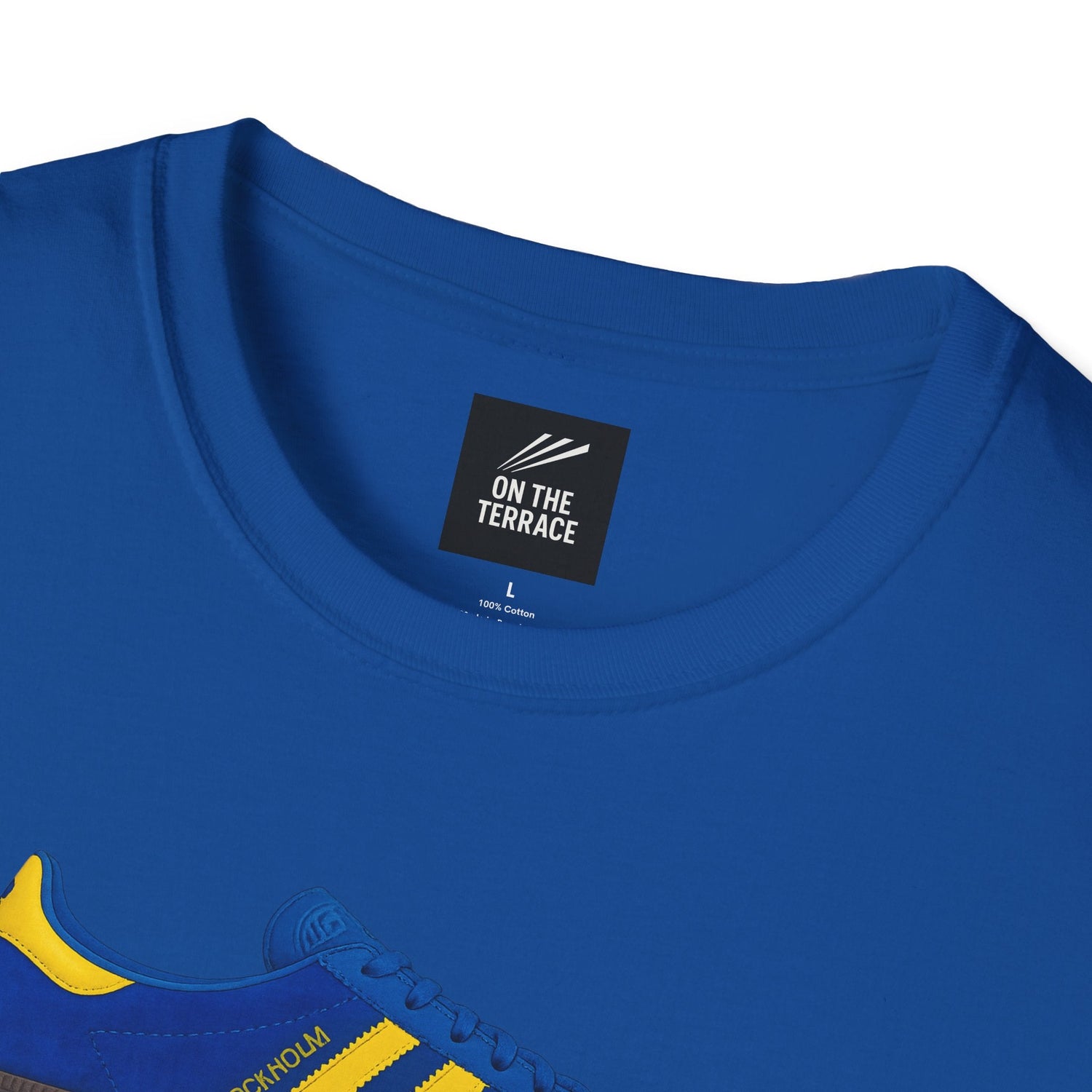 Blue cotton t-shirt with On The Terrace label and yellow-accented Stockholm sneaker print