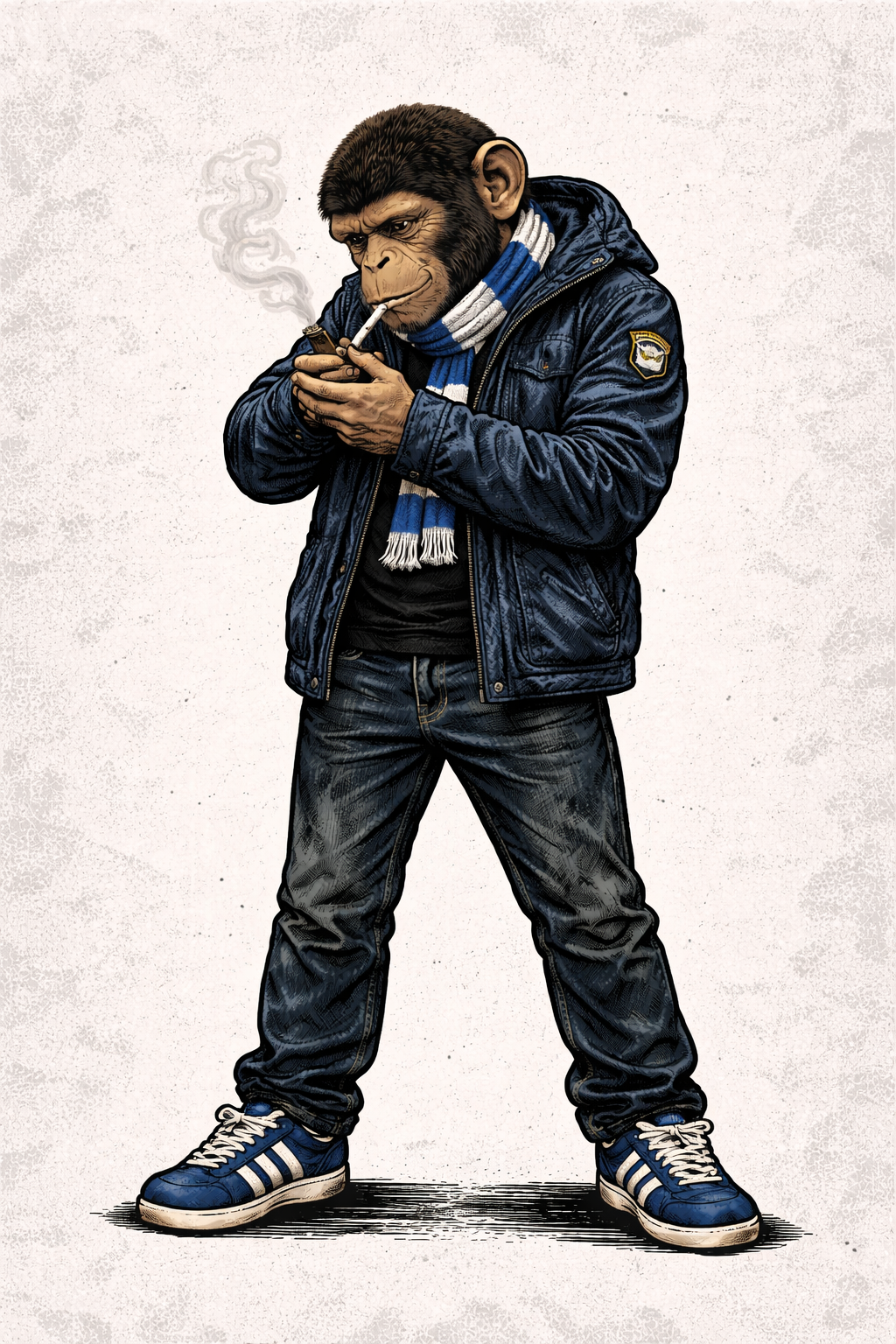 Illustrated chimp in casual football fan attire, lighting a cigarette, wearing denim and scarf.