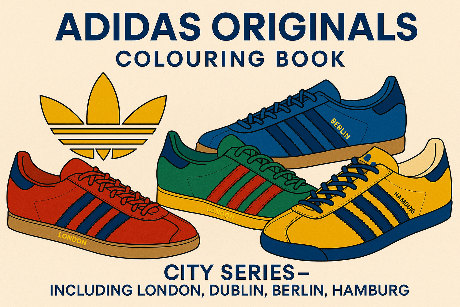 Adidas Originals City Series trainers illustration, featuring London, Berlin, and Hamburg sneakers.