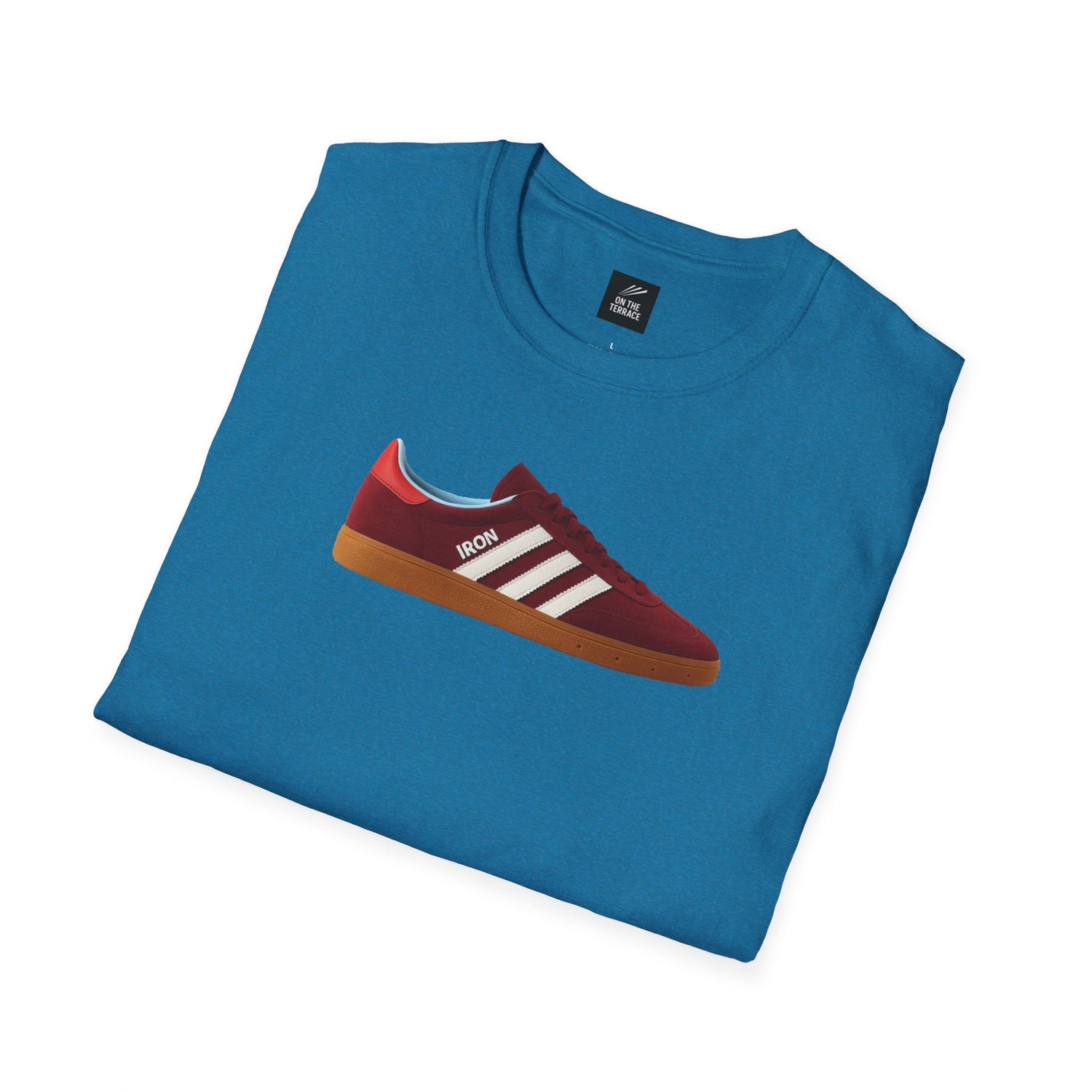 Blue folded t-shirt with graphic of red sneaker labeled IRON with white stripes and gum sole
