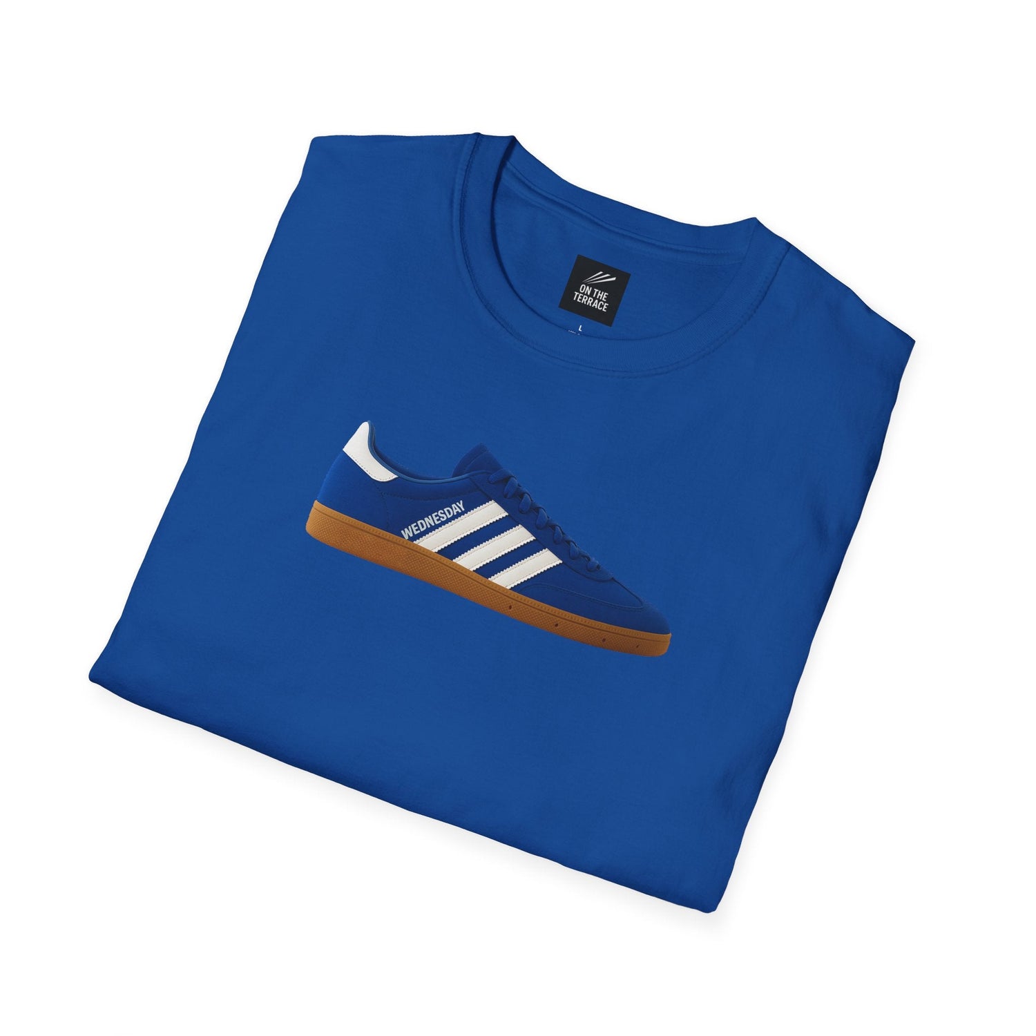 Folded blue t-shirt with a graphic of a blue sneaker labeled Wednesday and white stripes on the front