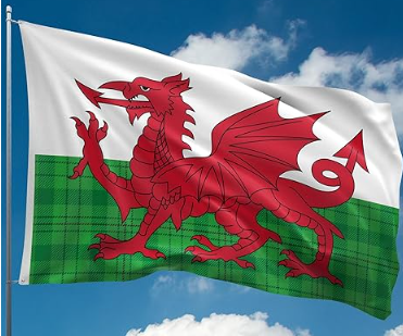 Welsh flag featuring a red dragon on white and green checkered background flying outdoors