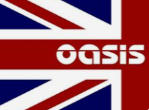 Union Jack flag background with Oasis band logo in bold white text centered