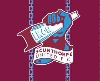 Scunthorpe United FC crest with blue hand holding metal object on claret background