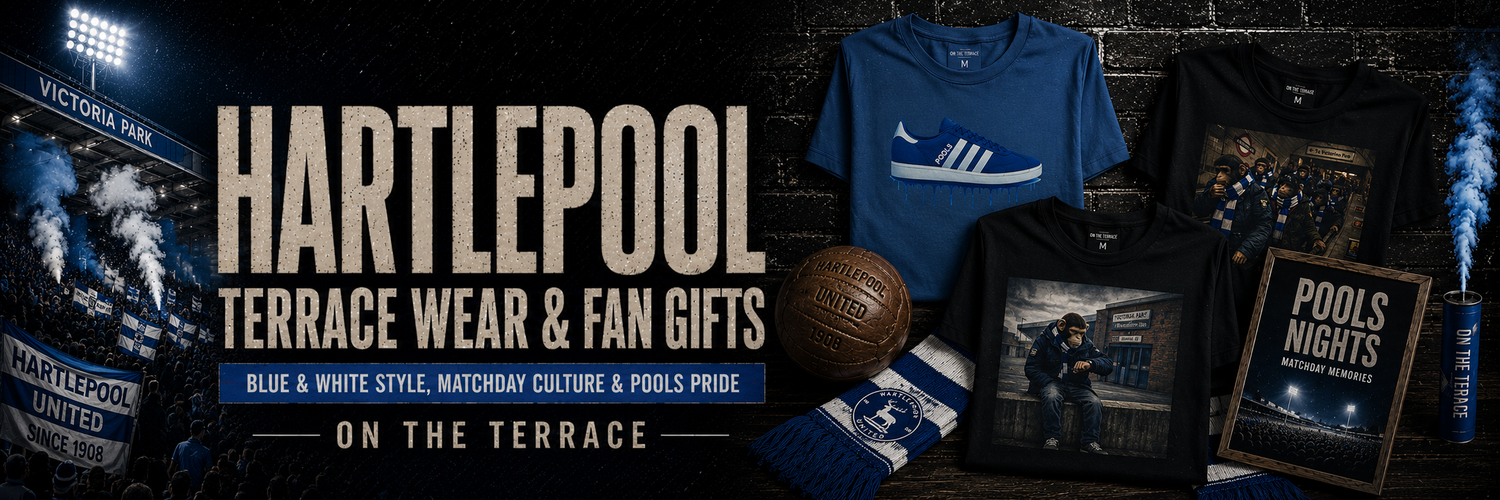 Hartlepool United FC logo with blue stag and striped background, football design