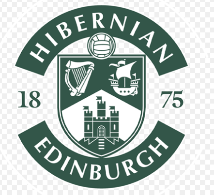Green and white Hibernian Edinburgh football club crest with castle, ship, and harp symbols