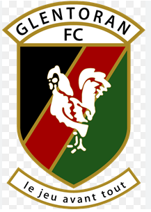 Glentoran FC football crest with rooster, red and green diagonal stripes, club motto