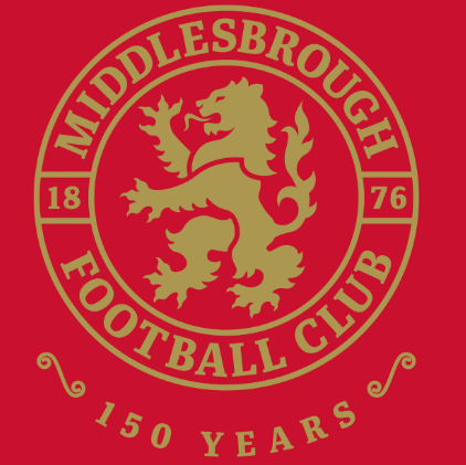 Gold Middlesbrough Football Club lion crest on red background, 150 years anniversary logo