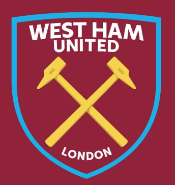 Maroon football crest with crossed yellow hammers and bold text, London design.