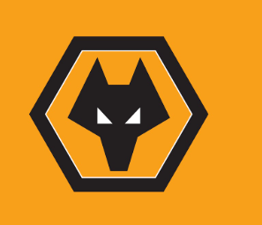 Geometric wolf head logo in black and white on orange background, football casual style