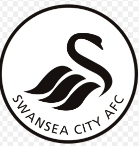 Black and white circular football badge with stylized swan and text Swansea City AFC.