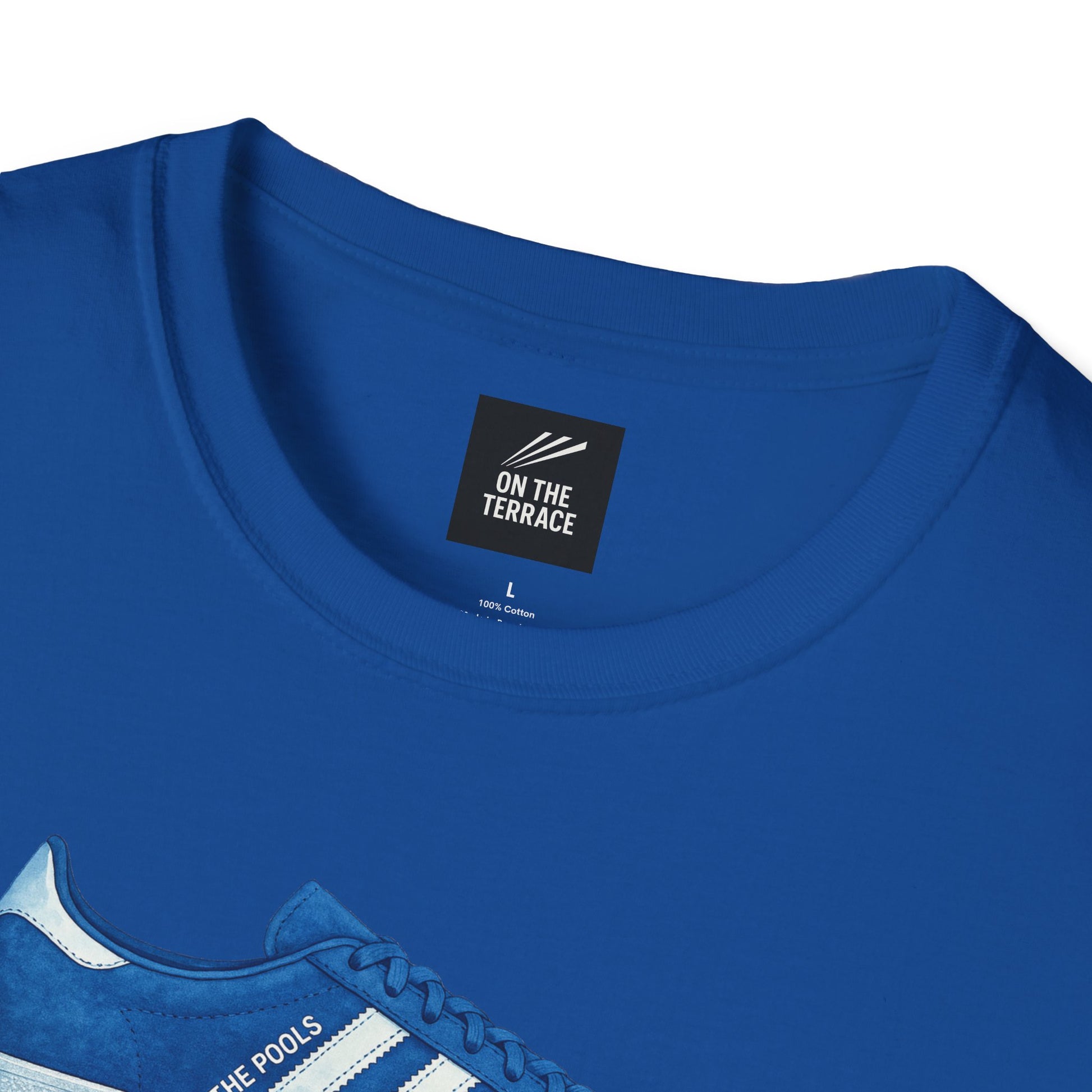 Blue cotton T-shirt with On The Terrace label and blue sneaker graphic with The Pools text