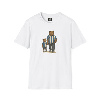 White t-shirt with graphic of two bears wearing blue and white striped sports jerseys holding hands