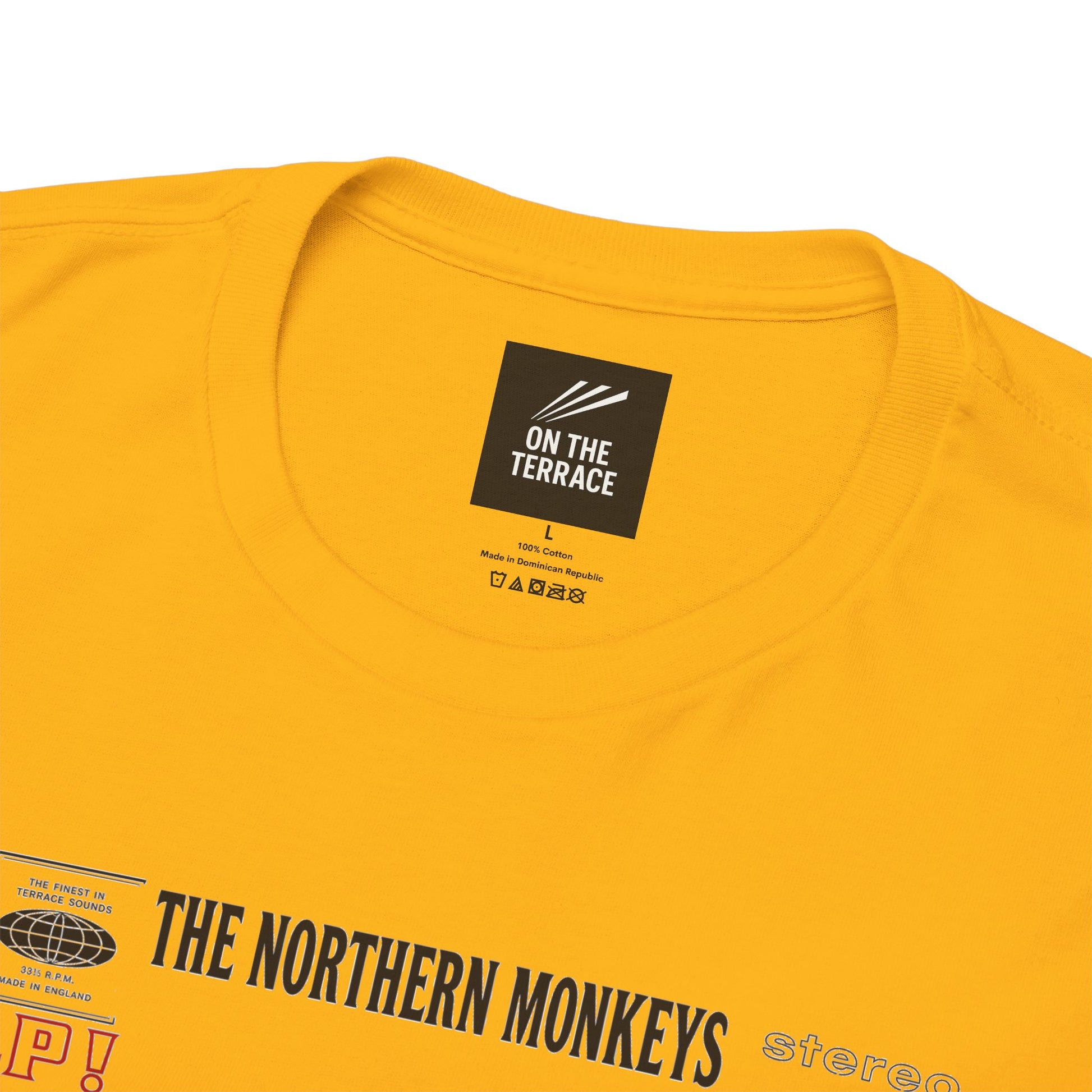 Mustard-gold Help Casuals T-shirt with music and terrace culture graphic