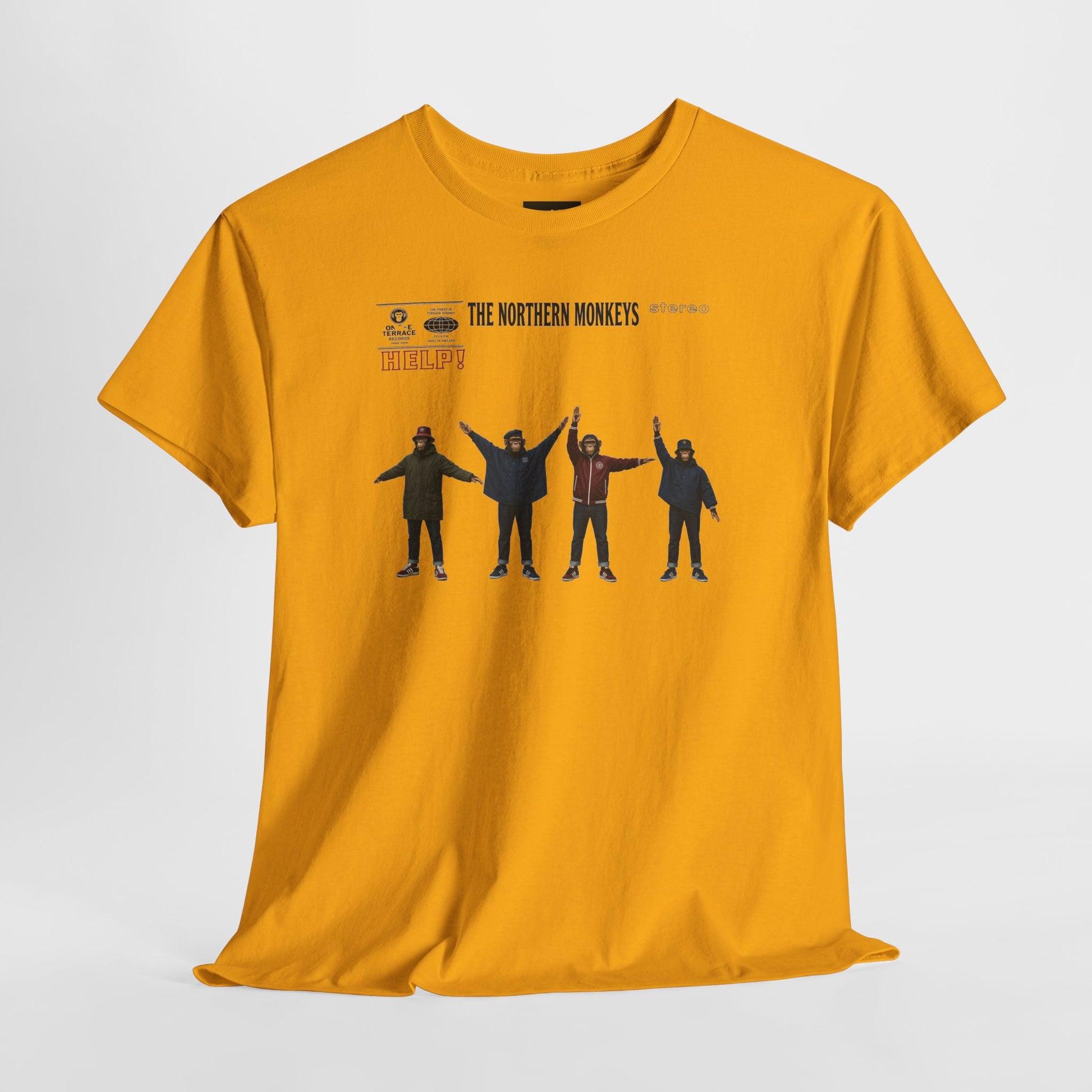 Beatles-inspired Help Casuals T-shirt showing four Northern Monkeys characters