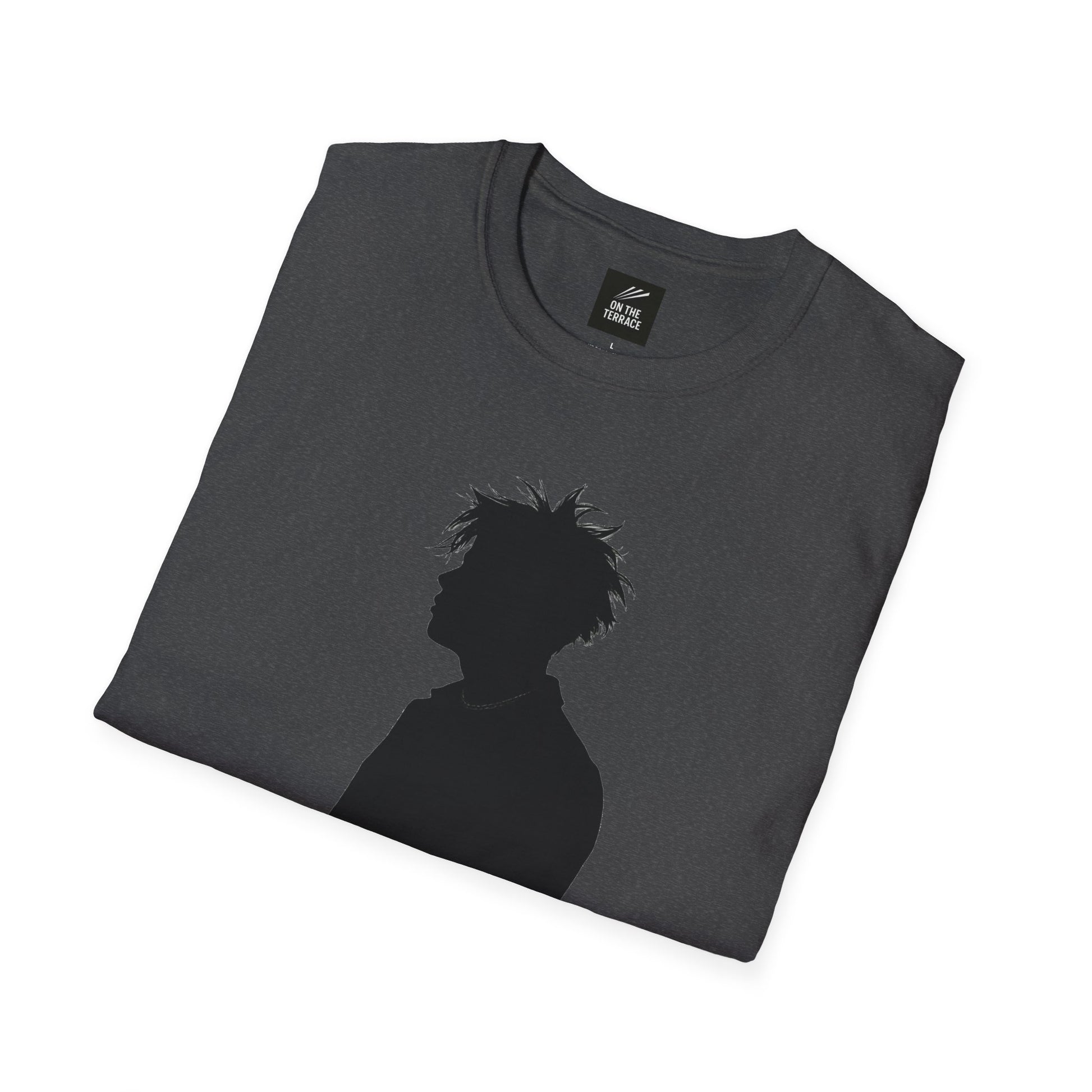 Folded dark gray t-shirt with black silhouette of person with spiky hair and necklace