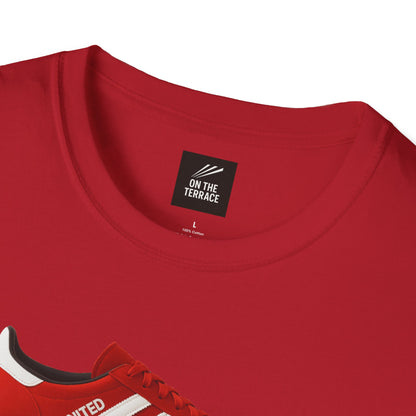 Red cotton t-shirt with On The Terrace brand label and partial red sneaker print