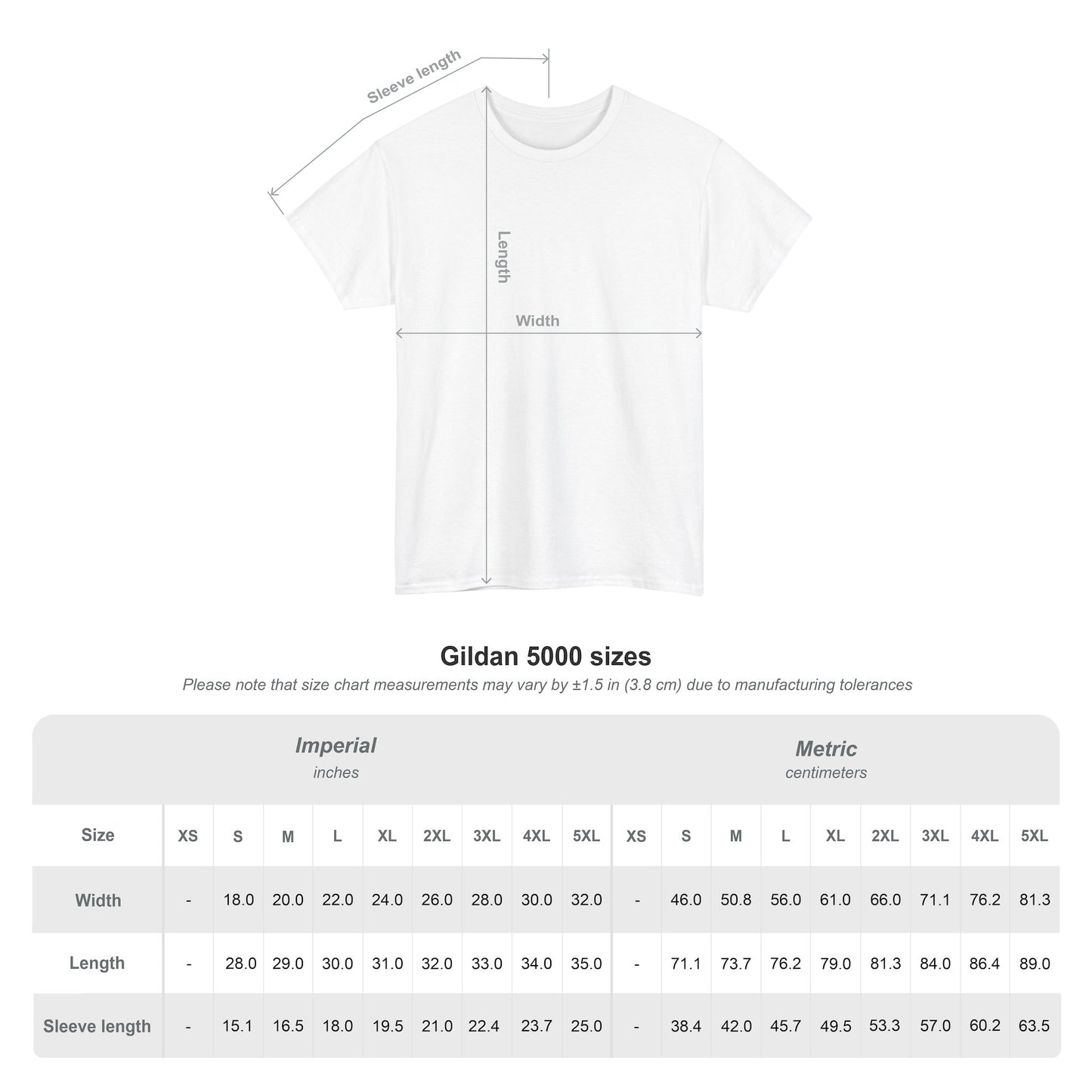 White t-shirt with measurement chart on a white background