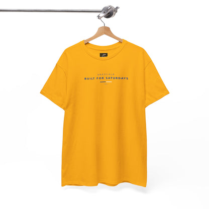 Gold Sheffield Built For Saturdays T-shirt on a wooden hanger