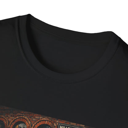 Close-up of a black t-shirt with a brick wall design on a white background