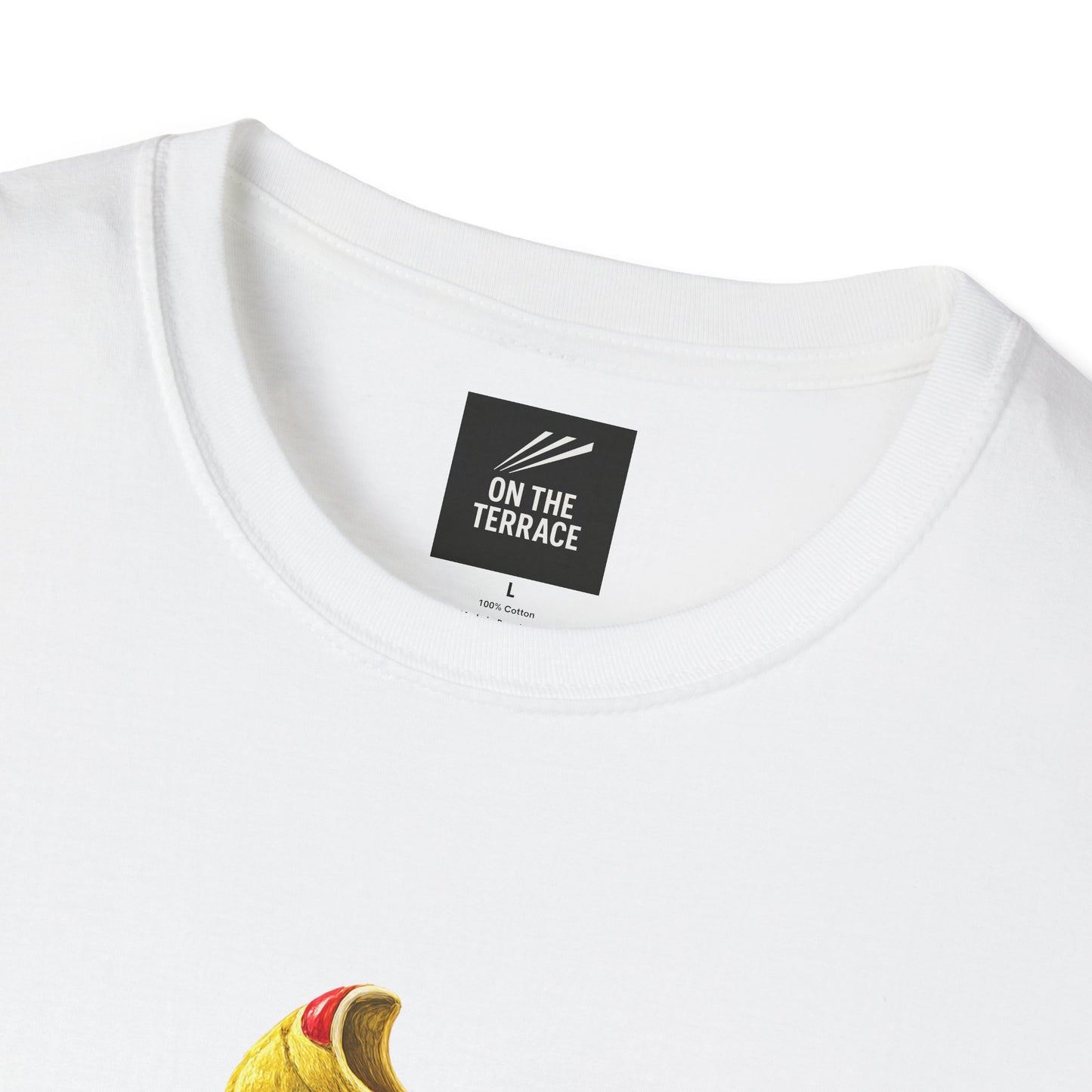Close-up of a white crewneck t-shirt with hand-illustrated yellow, navy and red retro terrace trainer sneaker graphic print, On The Terrace casual clothing brand
