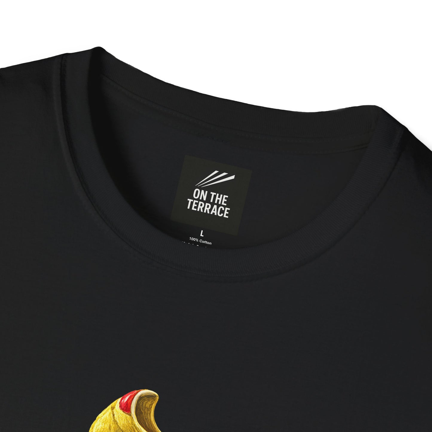 Close-up of a black crewneck t-shirt showing the inside neck label which reads 'ON THE TERRACE' and a small graphic print at the bottom edge.