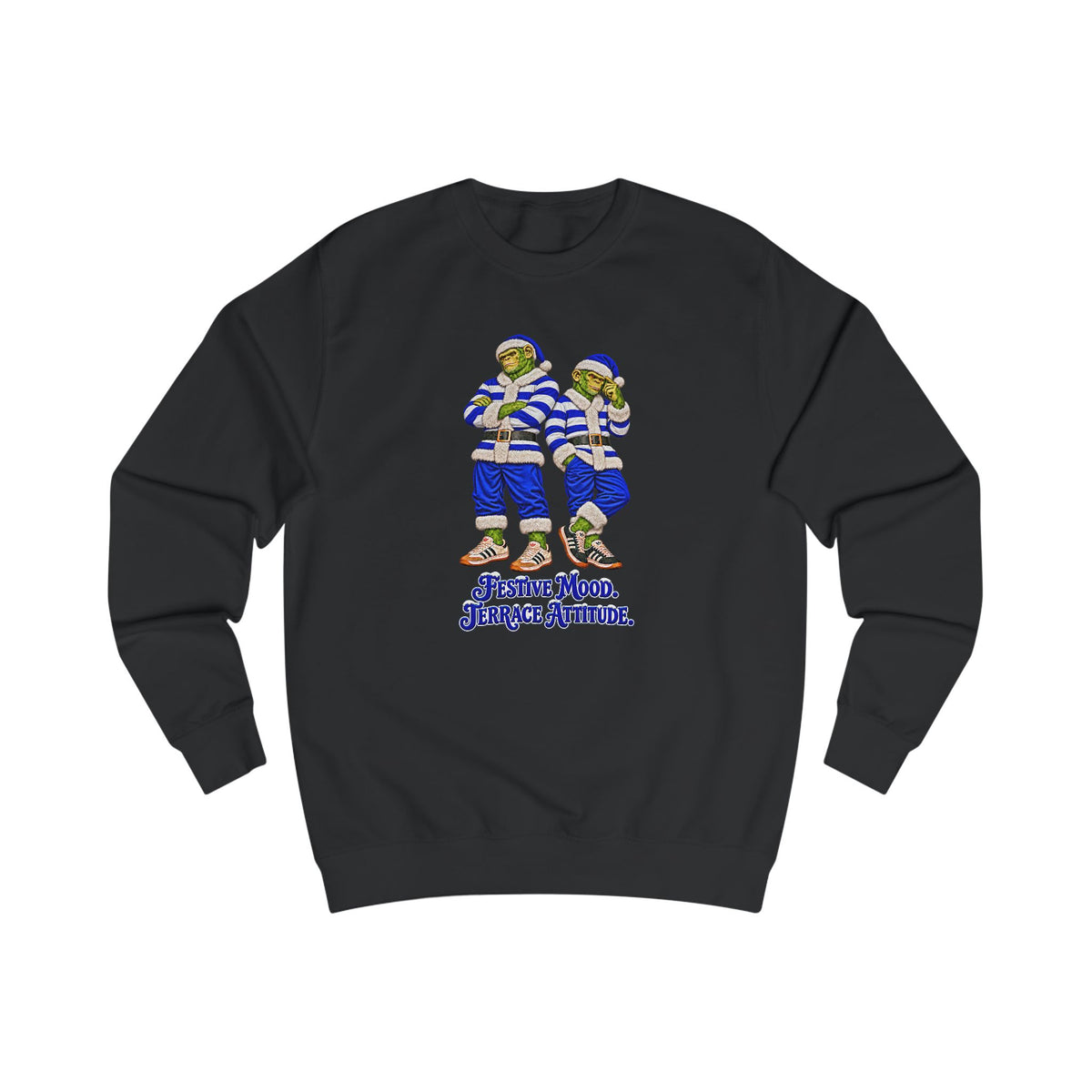 Black Northern Monkeys Christmas jumper with two chimp casuals in blue and white hooped Santa jackets
