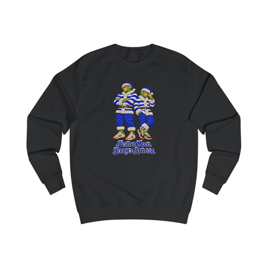 Black Northern Monkeys Christmas jumper with two chimp casuals in blue and white hooped Santa jackets