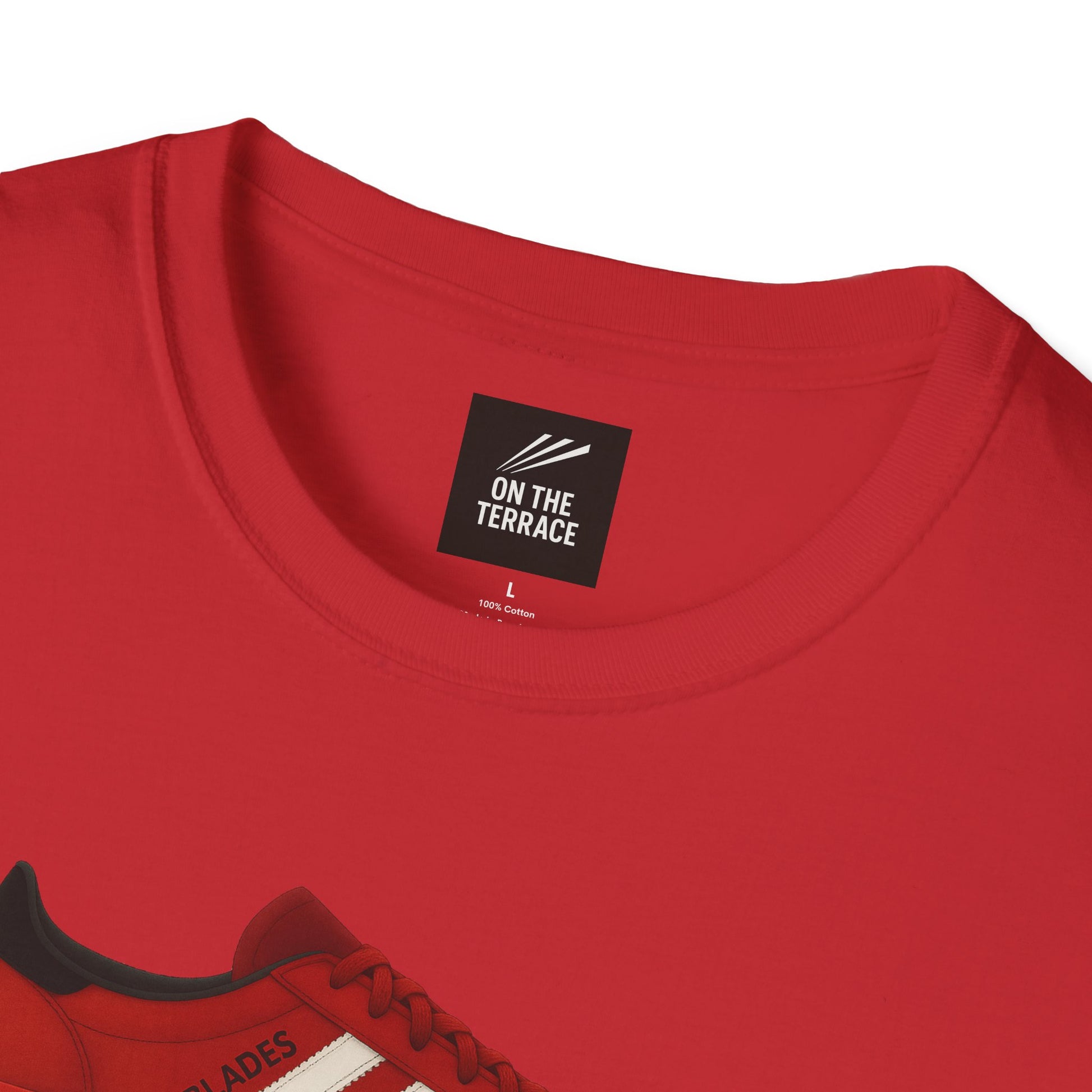 Close-up of red cotton t-shirt neckline with On The Terrace label and red sneaker graphic