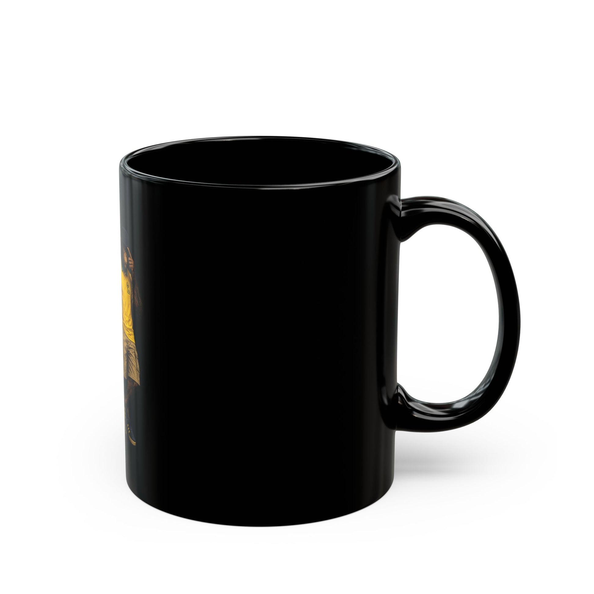 A black ceramic coffee mug featuring a detailed graphic print, showing two chimpanzees dressed in retro Sheffield Wednesday football kits; one wears the blue-and-white striped ASDA home shirt, and the other wears a yellow away shirt with a navy bucket hat.