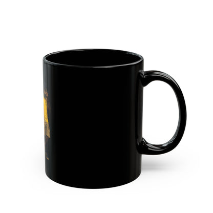 A black ceramic coffee mug featuring a detailed graphic print, showing two chimpanzees dressed in retro Sheffield Wednesday football kits; one wears the blue-and-white striped ASDA home shirt, and the other wears a yellow away shirt with a navy bucket hat.