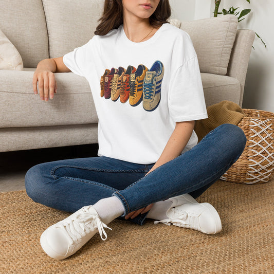 White t-shirt with colorful row of retro sneakers graphic print