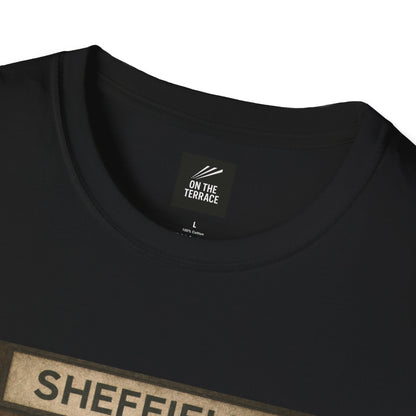 Black t-shirt with 'On The Terrace' label and 'Sheffield' text on a white background