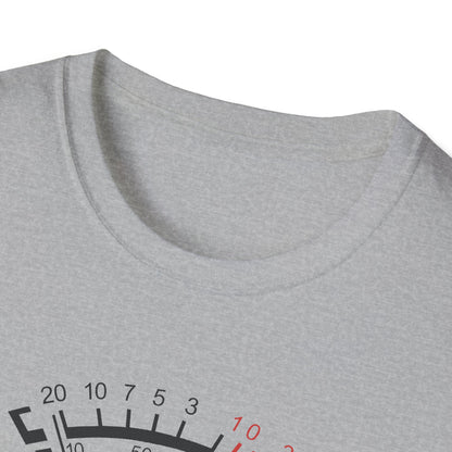 Light grey t-shirt with speedometer-inspired graphic design on chest
