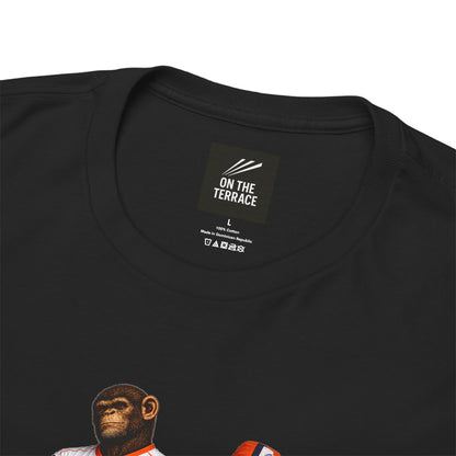 Side view of black Luton Town easyJet Era Terrace Monkeys T-shirt