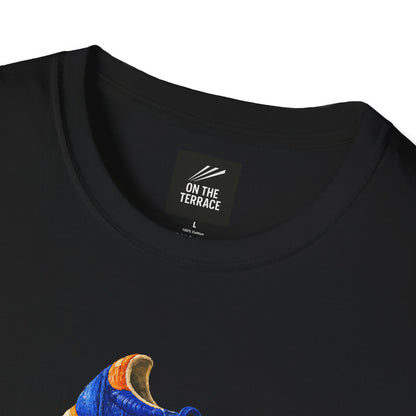 Close-up of a black crewneck t-shirt showing the inner neck label with the brand 'ON THE TERRACE' and a partial graphic print of a blue and orange shoe at the bottom left.