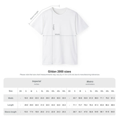 White Gildan 2000 t-shirt with size chart measuring width, length, and sleeve length