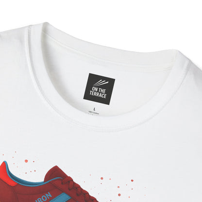 White casual t-shirt with red and blue sneaker graphic and printed neck label