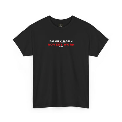 Black Doncaster Rovers T-shirt, front view with Donny Born Rovers Worn DN4 chest print