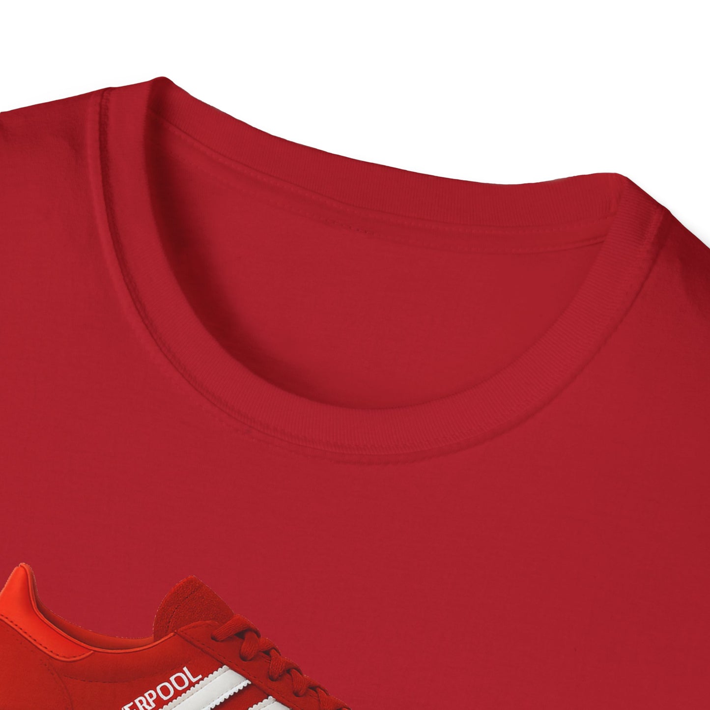 Close-up of red cotton t-shirt with partial red Adidas Liverpool sneaker graphic