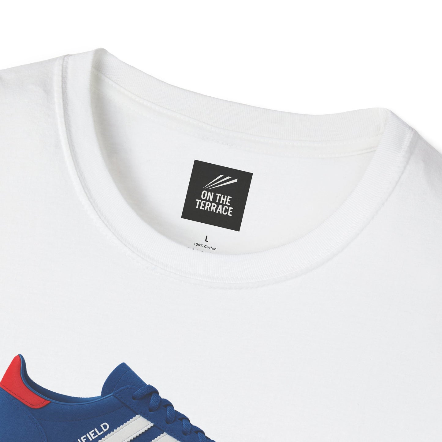 Close-up of white cotton T-shirt with On The Terrace label and blue sneaker print with red detail