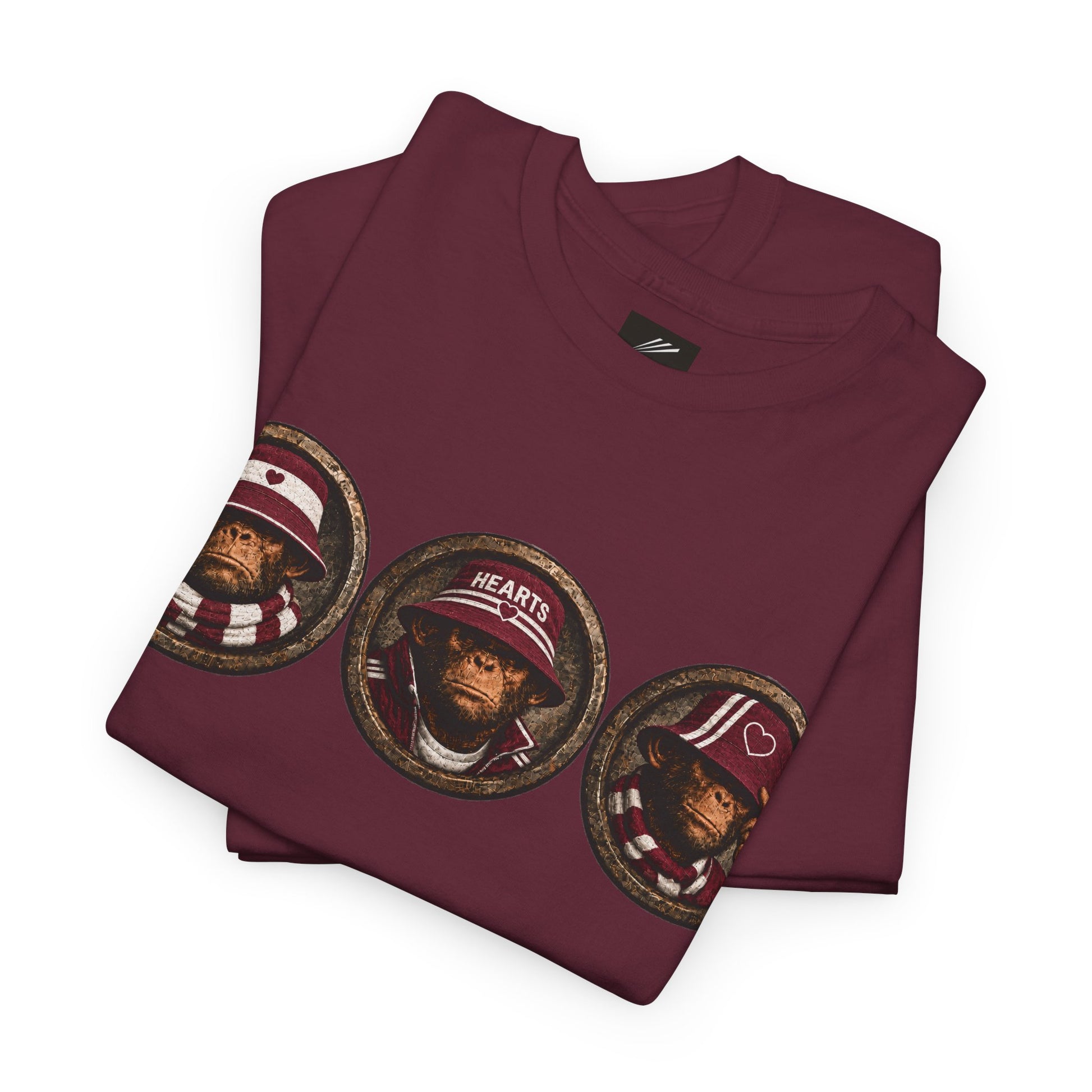 Hearts maroon terrace T-shirt showing three monkey supporter characters