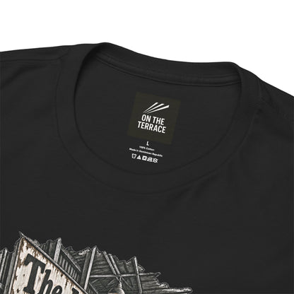 Close-up of On The Terrace neck label and distressed print on black heavy cotton tee