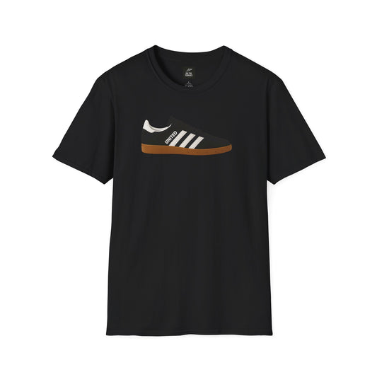 Black T-shirt featuring graphic of black sneaker with white stripes and gum sole