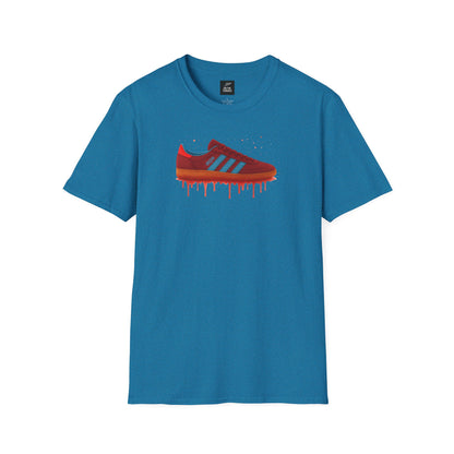 Blue football casual t-shirt with red sneaker graphic and dripping paint effect
