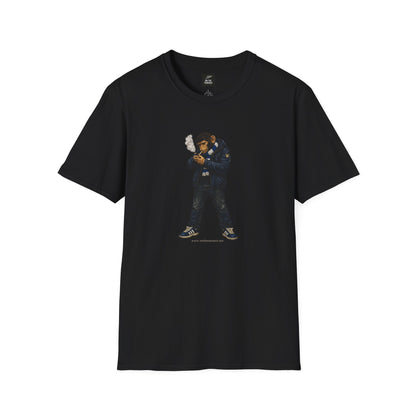 Black t-shirt with a graphic design on a white background
