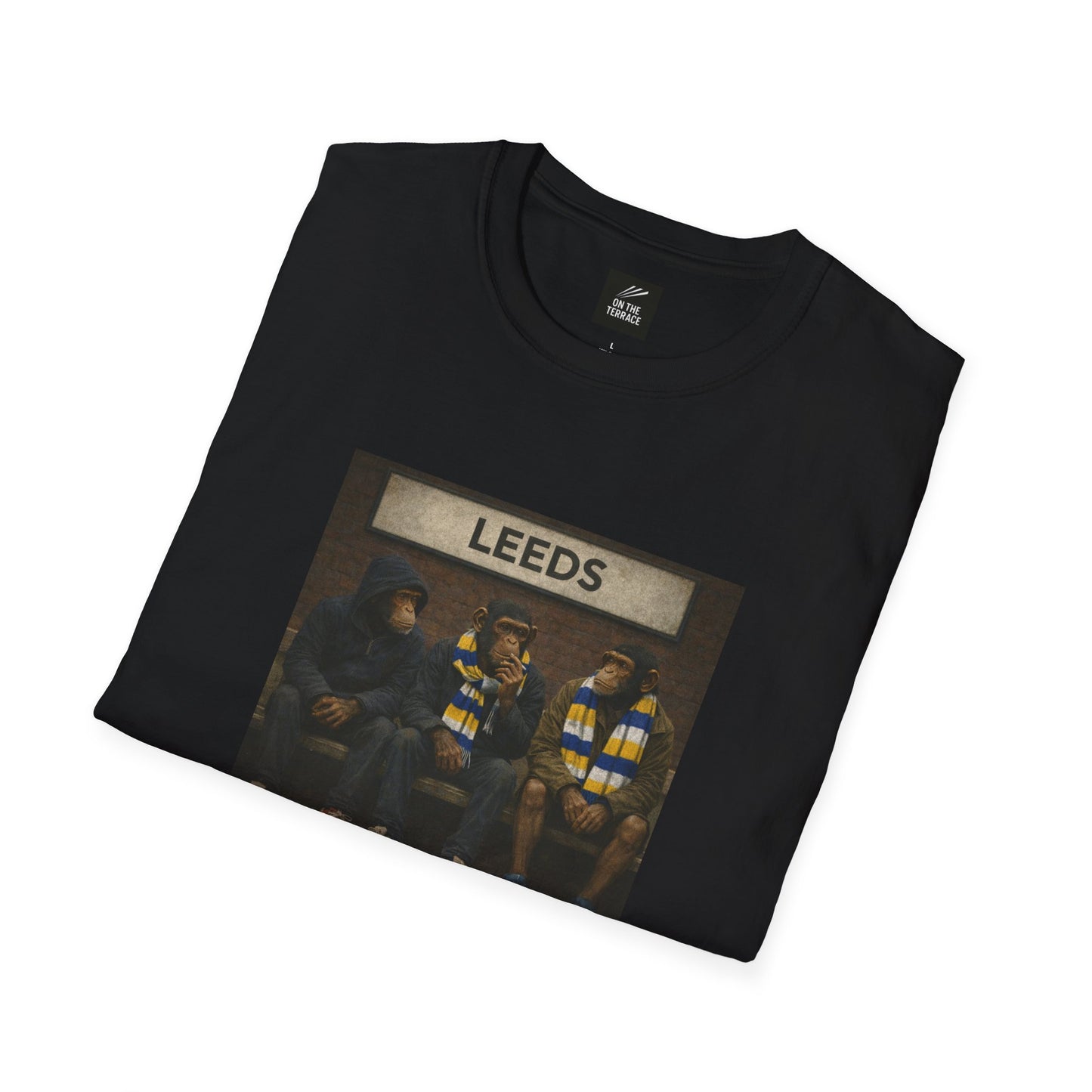 Black LUFC northern monkeys t-shirt with 'LEEDS' graphic on a white background