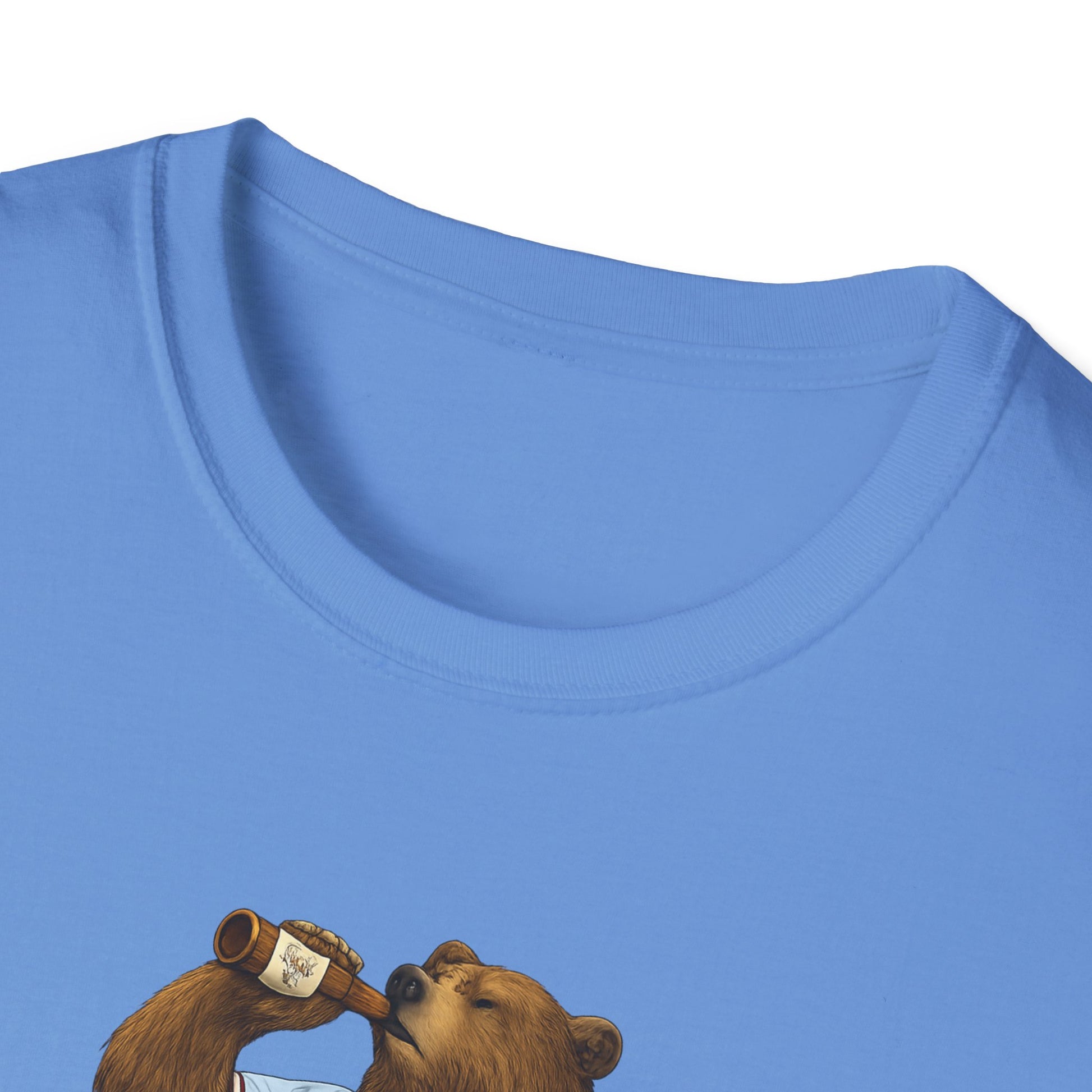 Light blue t-shirt with an illustration of a bear drinking from a bottle