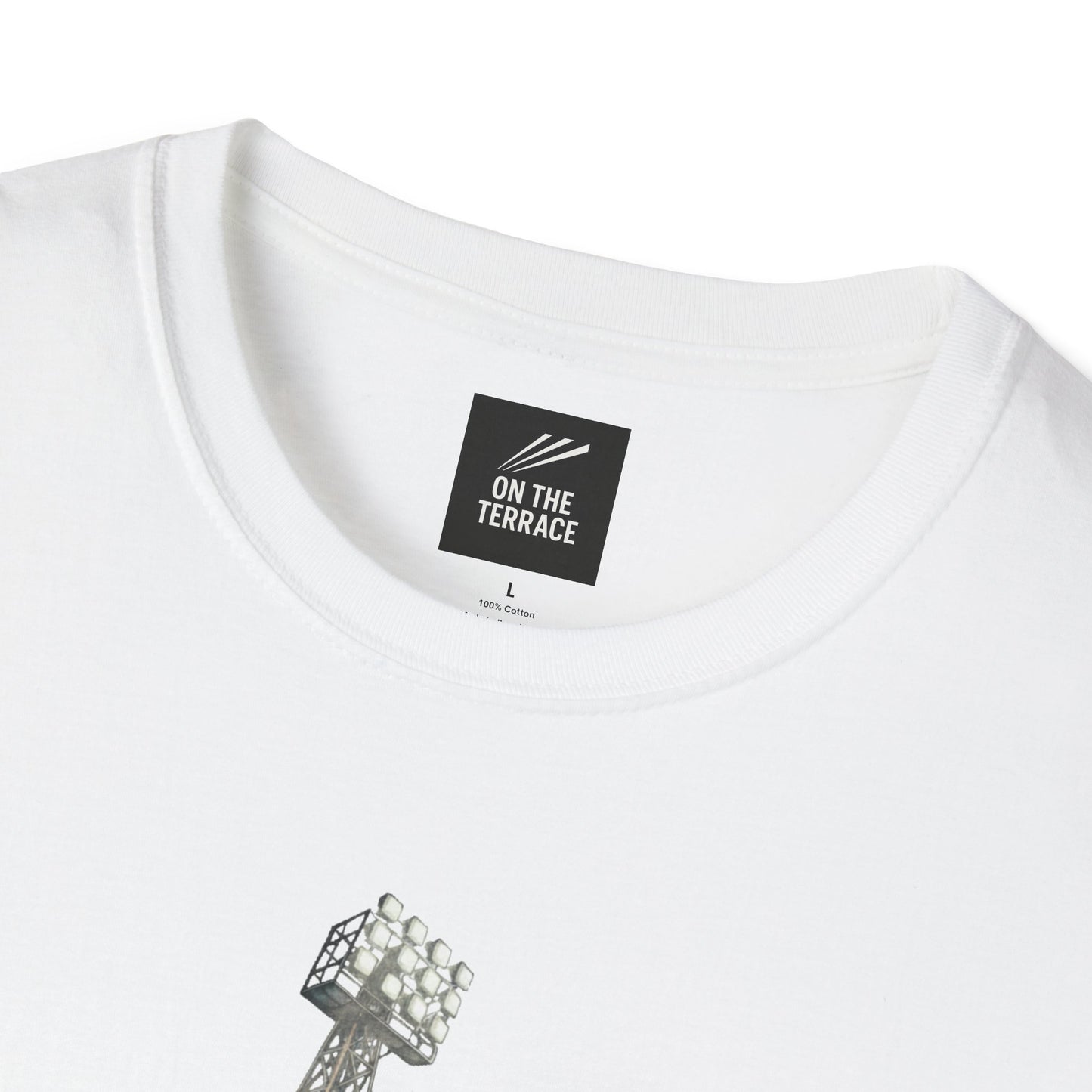 White cotton t-shirt with On The Terrace brand label and printed stadium lights design